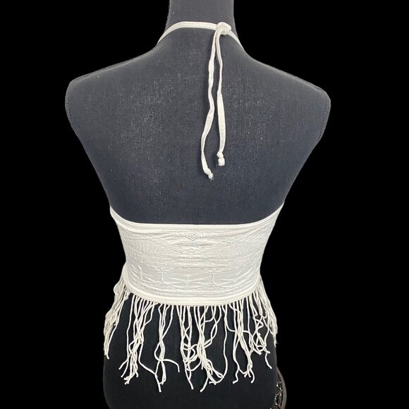 Intimately Free Women Fringe Halter Crop Top Tie Neck Sz XS Ivory Summer 7-14 - Picture 4 of 9
